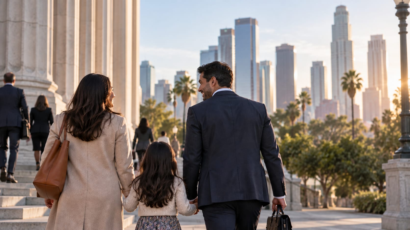 Family walking together toward civic buildings in a city